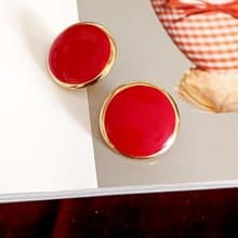 vintage jewelry  時尚圓形金邊紅琺瑯 夾式耳環