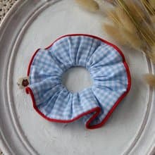 藍色格子棉布手作大腸發圈發飾發繩頭飾