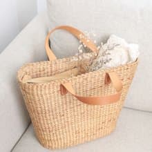 帆布袋 泰國手袋  皮革提手  夏季托特包  草編包  編織沙灘包