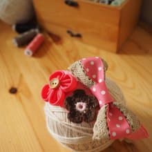 啡色蝴蝶結拼布花嬰兒/小童彈性髮帶 適合百日宴彌月拍照