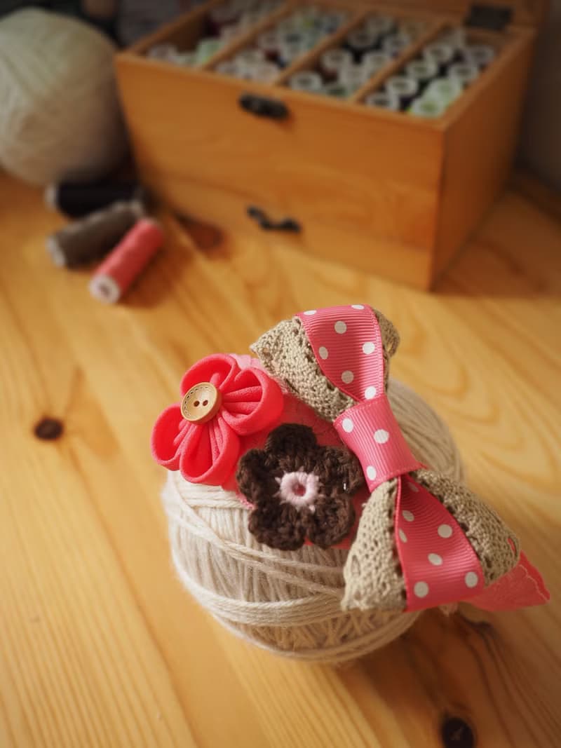 啡色蝴蝶結拼布花嬰兒/小童彈性髮帶 適合百日宴彌月拍照