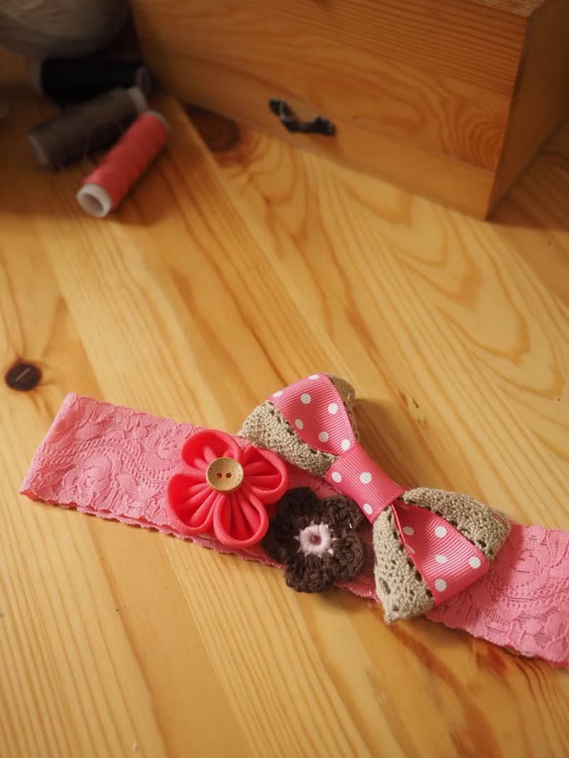 啡色蝴蝶結拼布花嬰兒/小童彈性髮帶 適合百日宴彌月拍照