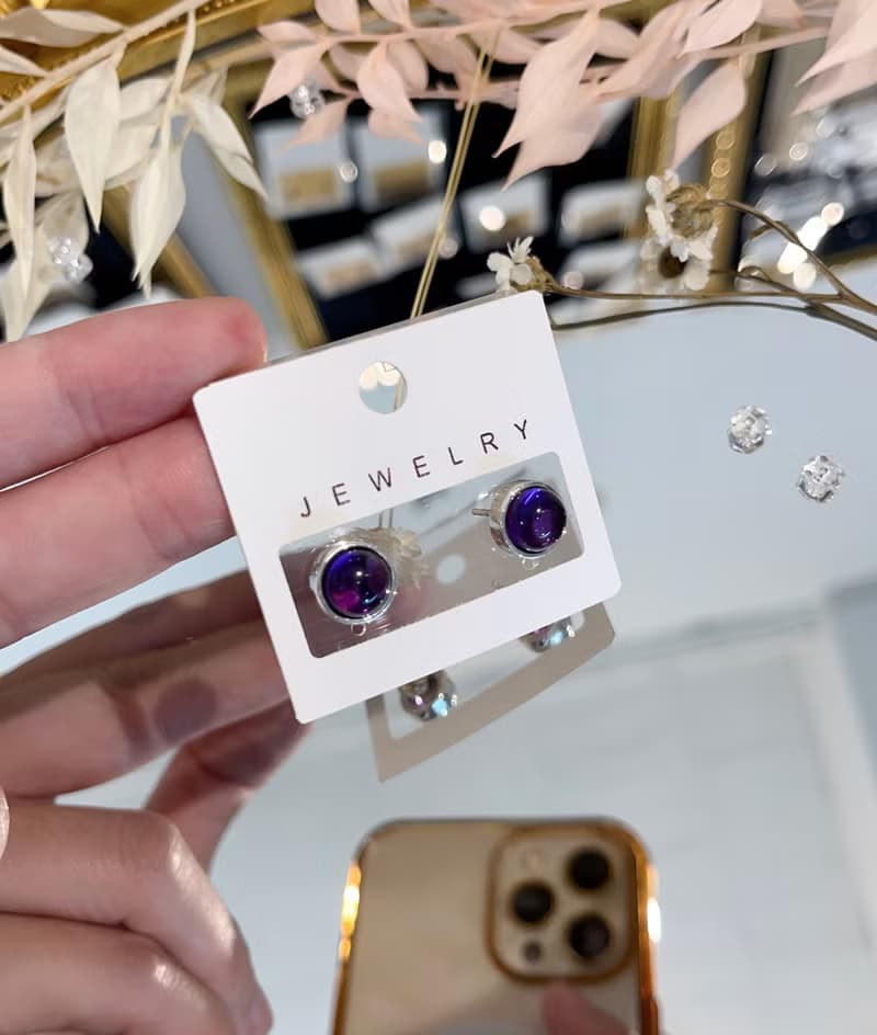 色濃料優天然優質紫水晶9.5mmx9.5mm正圓形銀鍍K單針耳環智慧學業