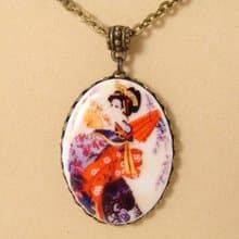 Geisha Porcelain Cameo Necklace Japanese Lady Pendant Oriantal Necklace Jewelry