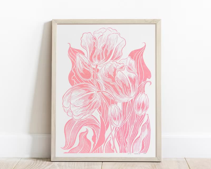 Pink Tulips Flower Linocut Print Spring Wall Art Original Artwork Bedroom Decor