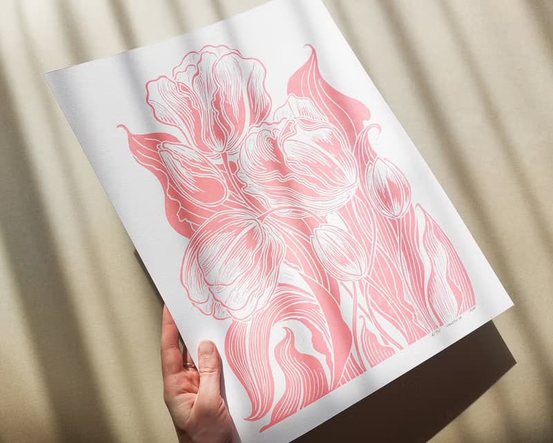 Pink Tulips Flower Linocut Print Spring Wall Art Original Artwork Bedroom Decor
