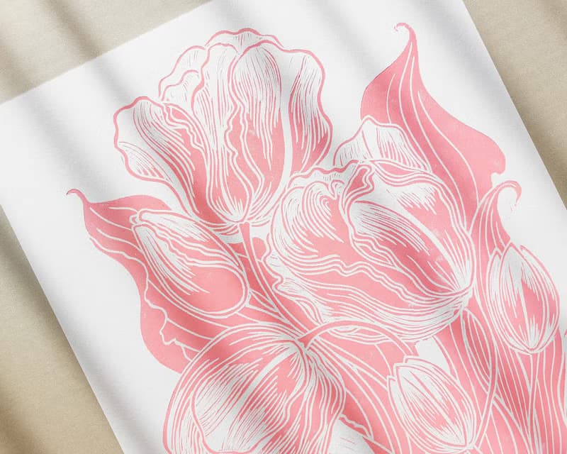 Pink Tulips Flower Linocut Print Spring Wall Art Original Artwork Bedroom Decor