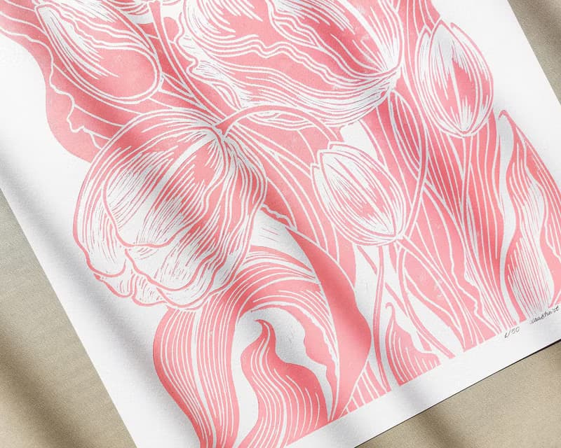 Pink Tulips Flower Linocut Print Spring Wall Art Original Artwork Bedroom Decor