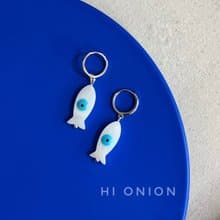 Hi Onion原創小眾藍色魚s925銀耳扣耳環耳夾百搭個性高級感可水洗