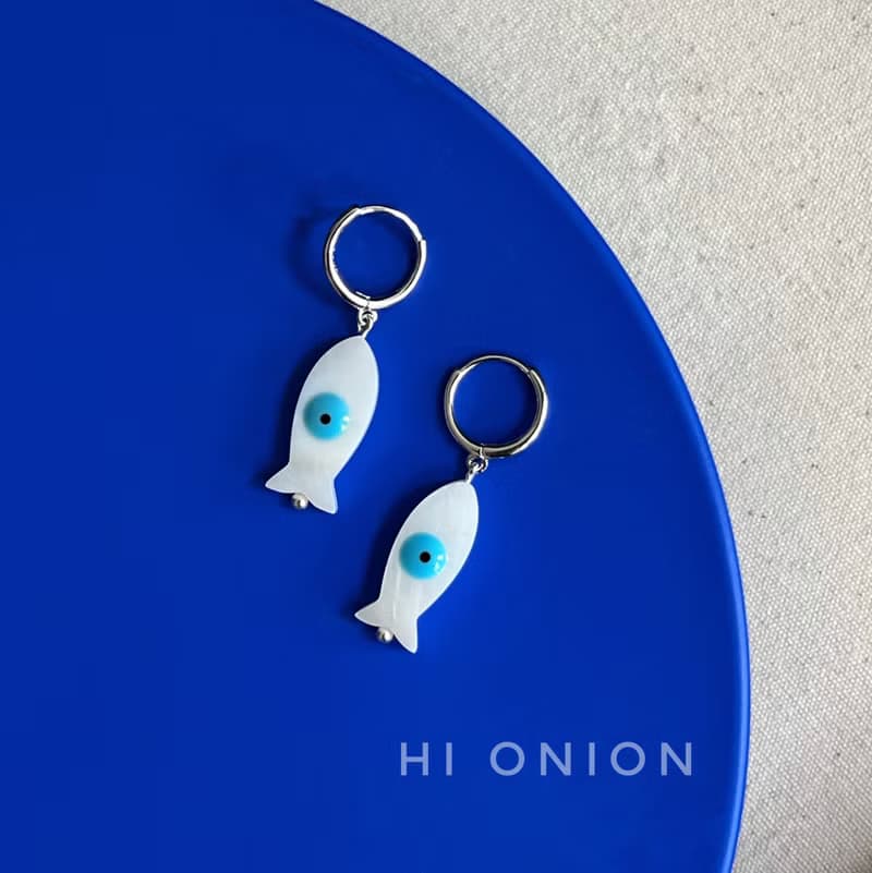 Hi Onion原創小眾藍色魚s925銀耳扣耳環耳夾百搭個性高級感可水洗