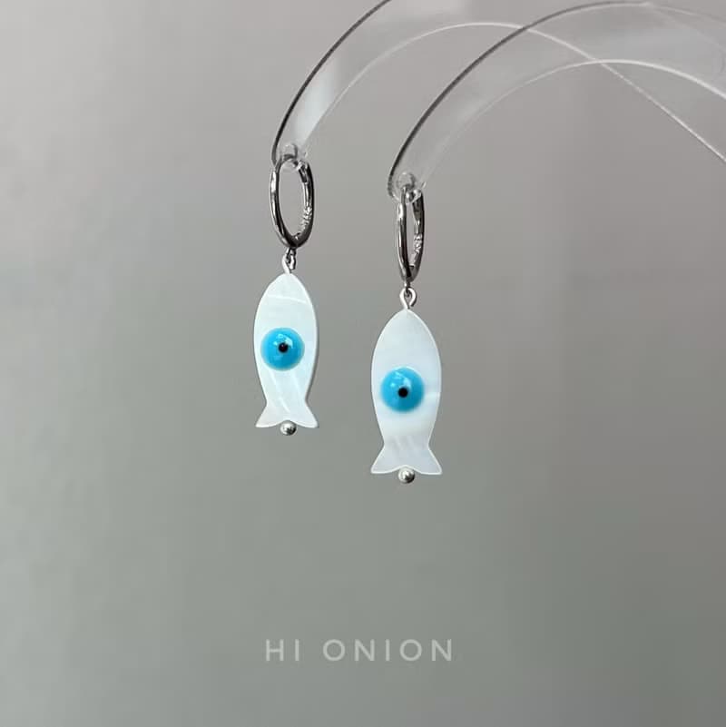 Hi Onion原創小眾藍色魚s925銀耳扣耳環耳夾百搭個性高級感可水洗