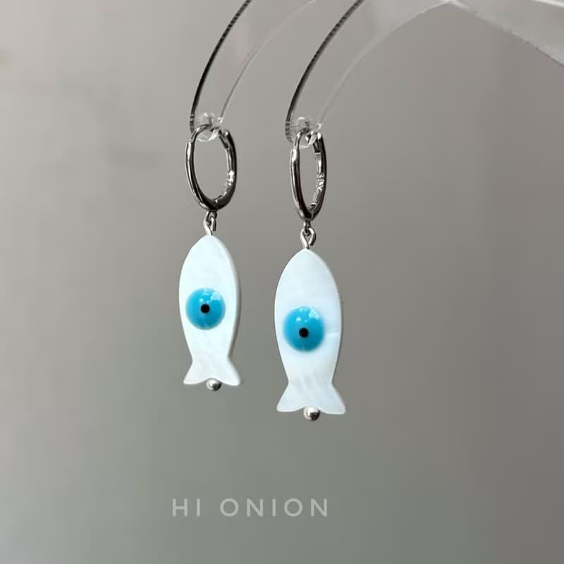 Hi Onion原創小眾藍色魚s925銀耳扣耳環耳夾百搭個性高級感可水洗