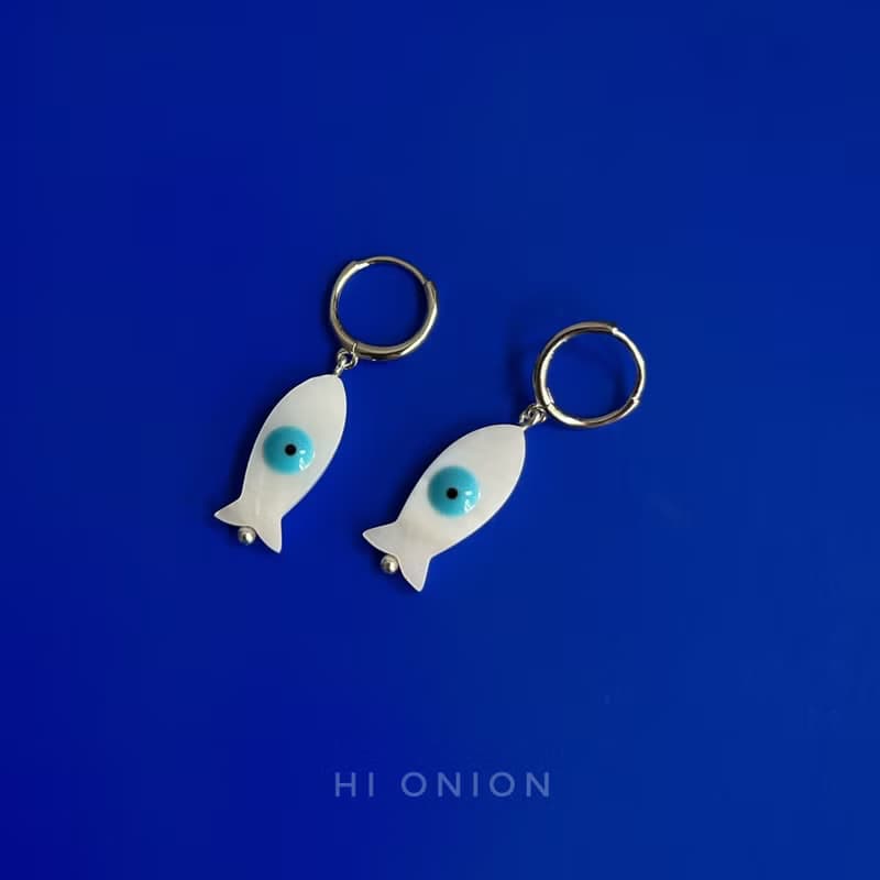 Hi Onion原創小眾藍色魚s925銀耳扣耳環耳夾百搭個性高級感可水洗