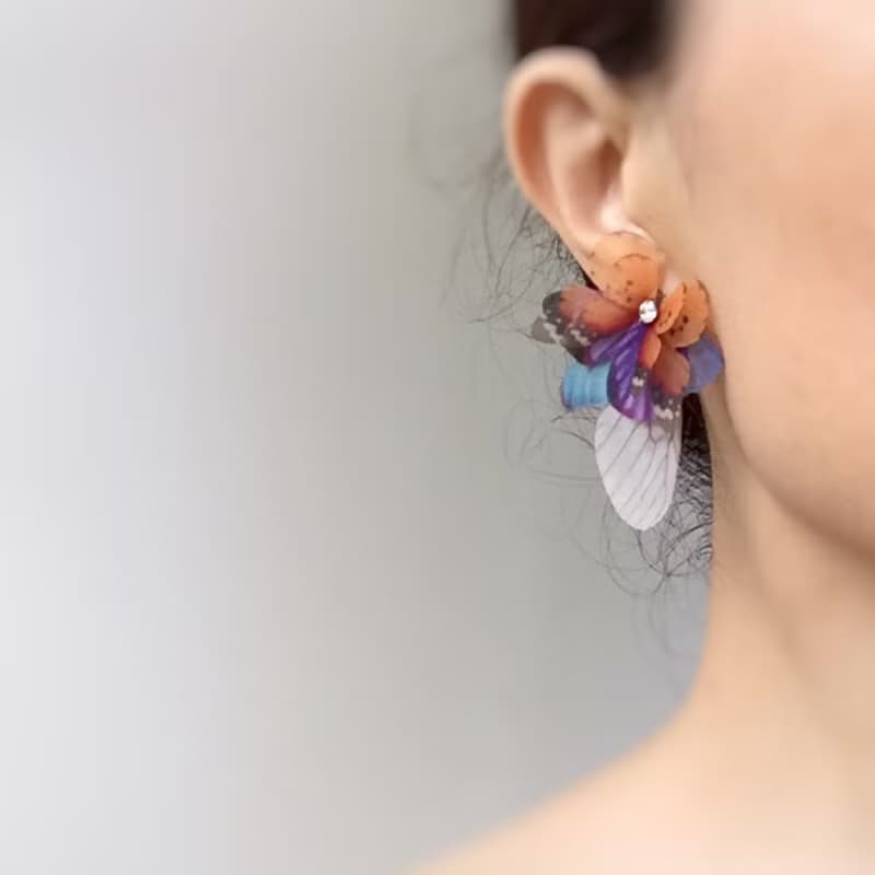 不對稱蝴蝶耳環一對&水鑽925銀耳針 pierced or clip-on earring