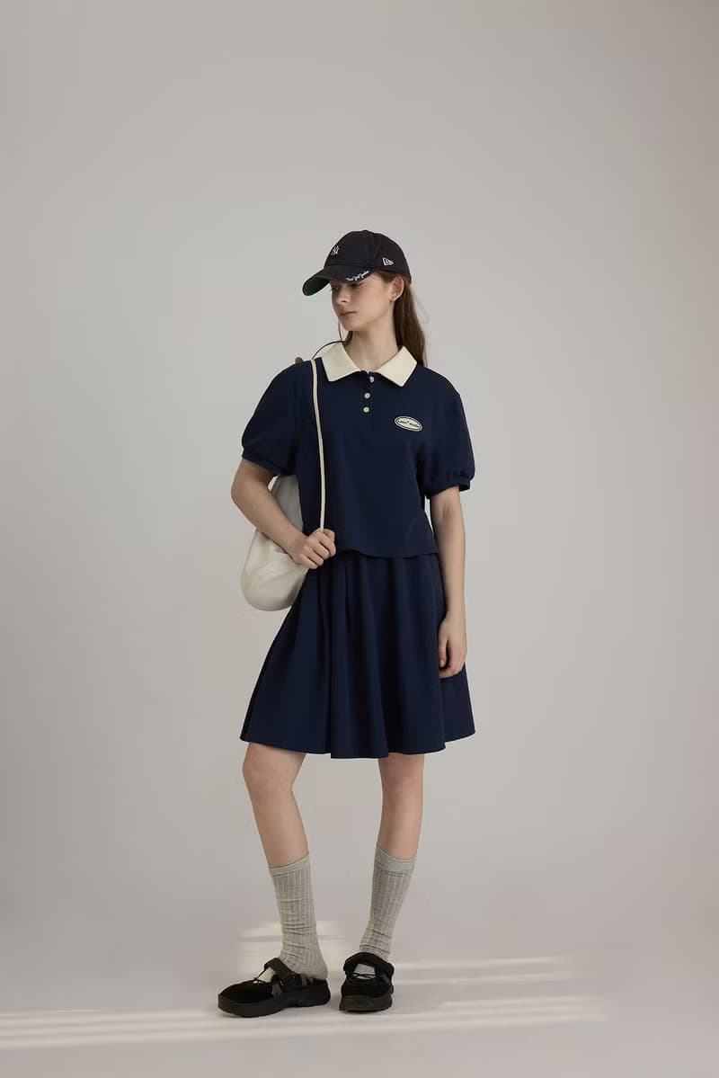 撞色學院風 polo領花苞短袖上衣 高腰半身裙套裝