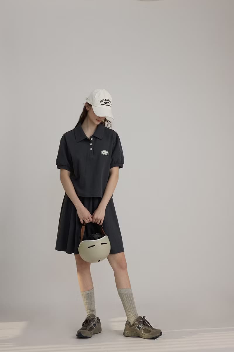 撞色學院風 polo領花苞短袖上衣 高腰半身裙套裝