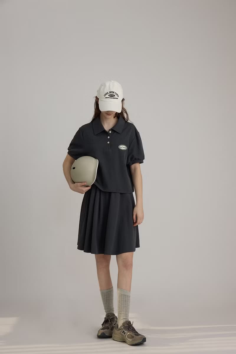 撞色學院風 polo領花苞短袖上衣 高腰半身裙套裝