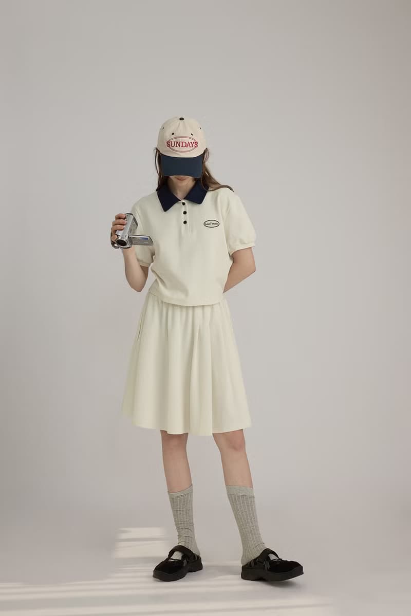撞色學院風 polo領花苞短袖上衣 高腰半身裙套裝