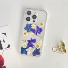 天然藍白花押花手機殼 適用於iPhone 16 Pro Max Samsung S25 A35