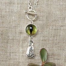 Olive Green Glass Cat Eye Necklace Silver Cat Kitten Evil Eye Necklace Jewelry