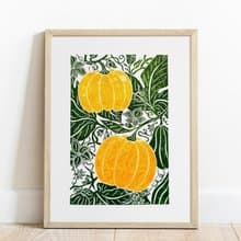 Yellow and green pumpkin Linocut print Autumn wall art Botanical artwork
