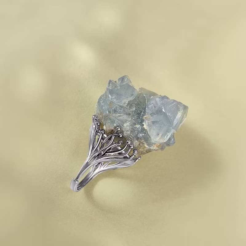 淺藍色水晶活口戒指 隨形標本原石 冰透藍色水晶手工指環 S925銀