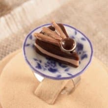 Chocolate Cake Porcelain Plate Blue Brown Adjustable Ring Food Miniature Jewelry