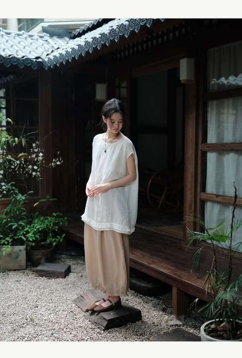 100%亞麻小衫 圓領小飛袖