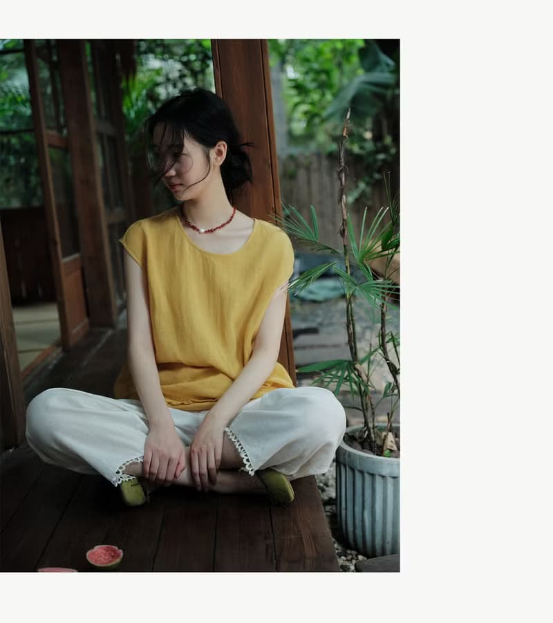 100%亞麻小衫 圓領小飛袖