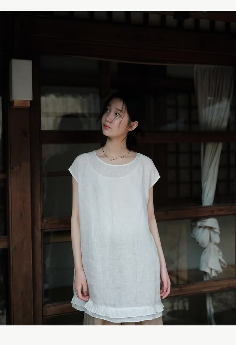 100%亞麻小衫 圓領小飛袖