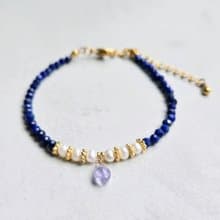 【日本製】シンデレラブルー　タンザナイト・淡水パールとラピスラズリの上品ブレスレット　医療用ステンレス使用