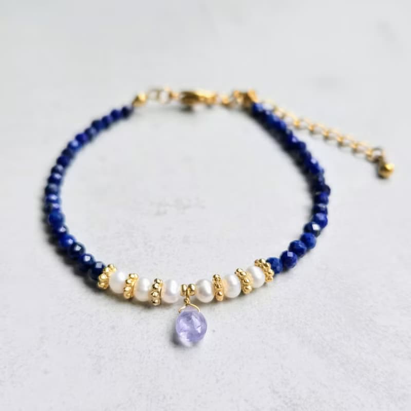 【日本製】シンデレラブルー　タンザナイト・淡水パールとラピスラズリの上品ブレスレット　医療用ステンレス使用