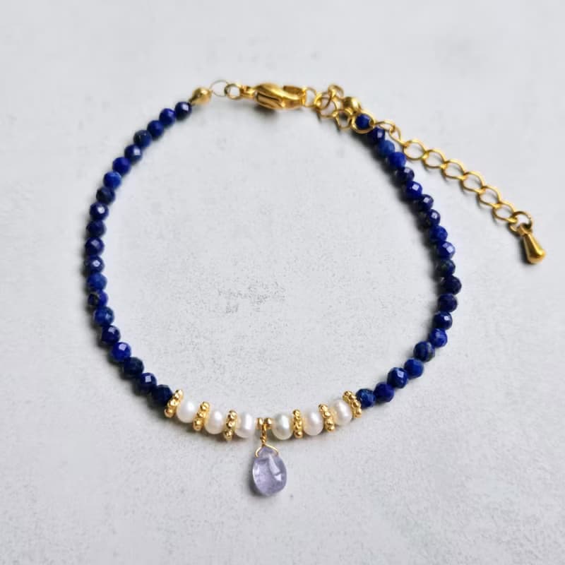 【日本製】シンデレラブルー　タンザナイト・淡水パールとラピスラズリの上品ブレスレット　医療用ステンレス使用