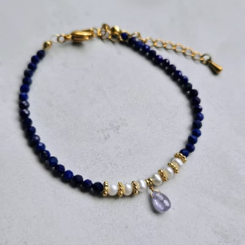 【日本製】シンデレラブルー　タンザナイト・淡水パールとラピスラズリの上品ブレスレット　医療用ステンレス使用