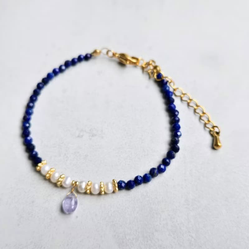 【日本製】シンデレラブルー　タンザナイト・淡水パールとラピスラズリの上品ブレスレット　医療用ステンレス使用