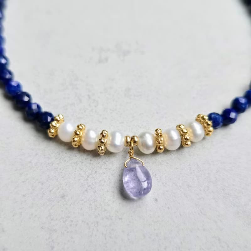 【日本製】シンデレラブルー　タンザナイト・淡水パールとラピスラズリの上品ブレスレット　医療用ステンレス使用