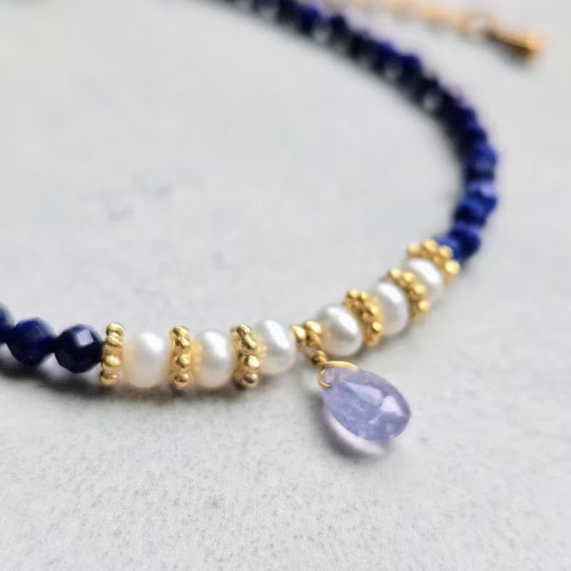 【日本製】シンデレラブルー　タンザナイト・淡水パールとラピスラズリの上品ブレスレット　医療用ステンレス使用