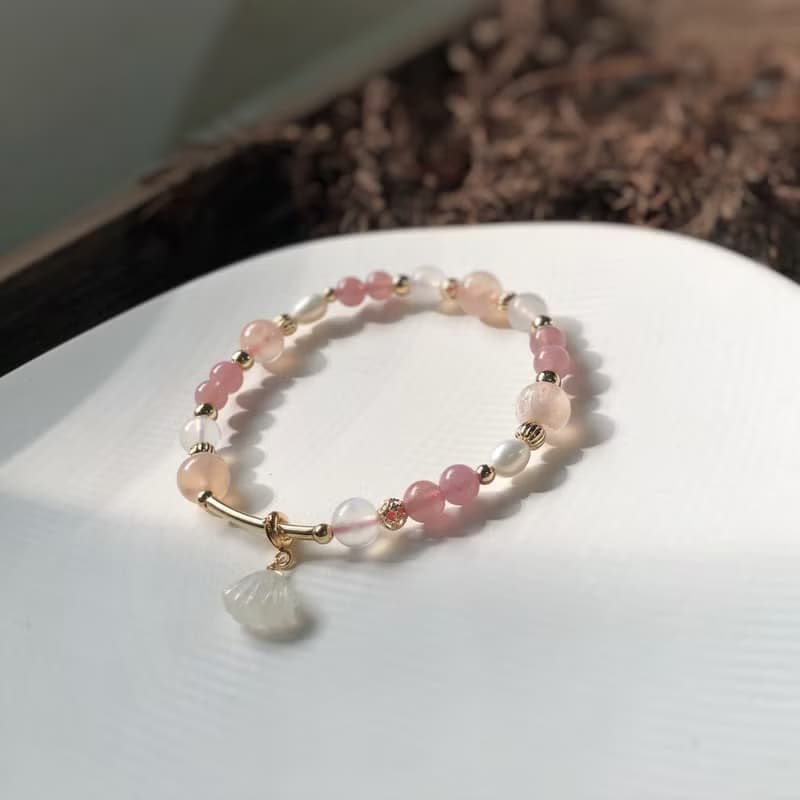 櫻花瑪瑙、馬粉、珍珠、月光石 天然石手鍊