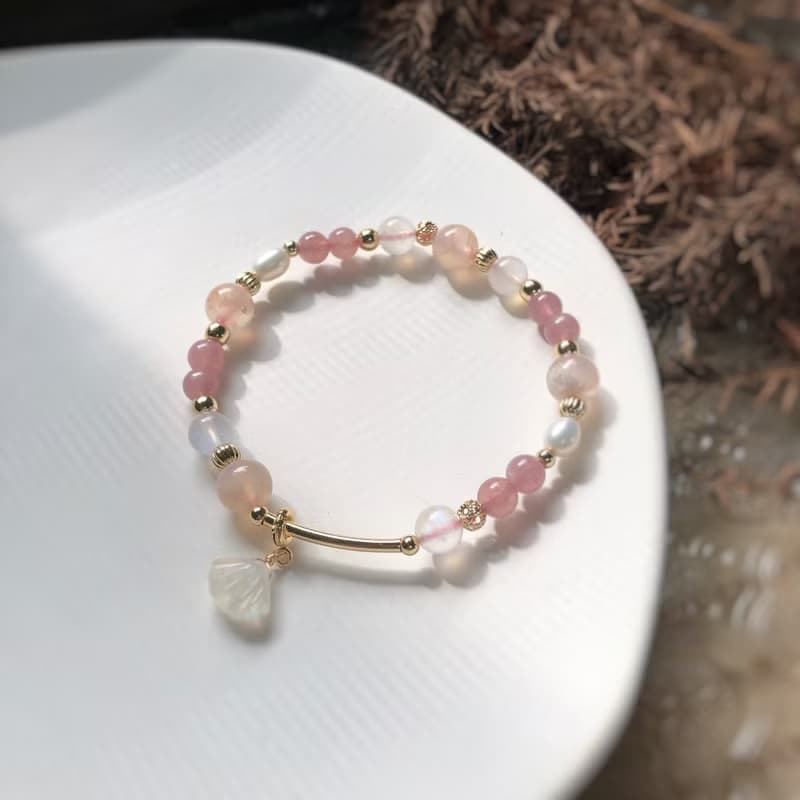 櫻花瑪瑙、馬粉、珍珠、月光石 天然石手鍊