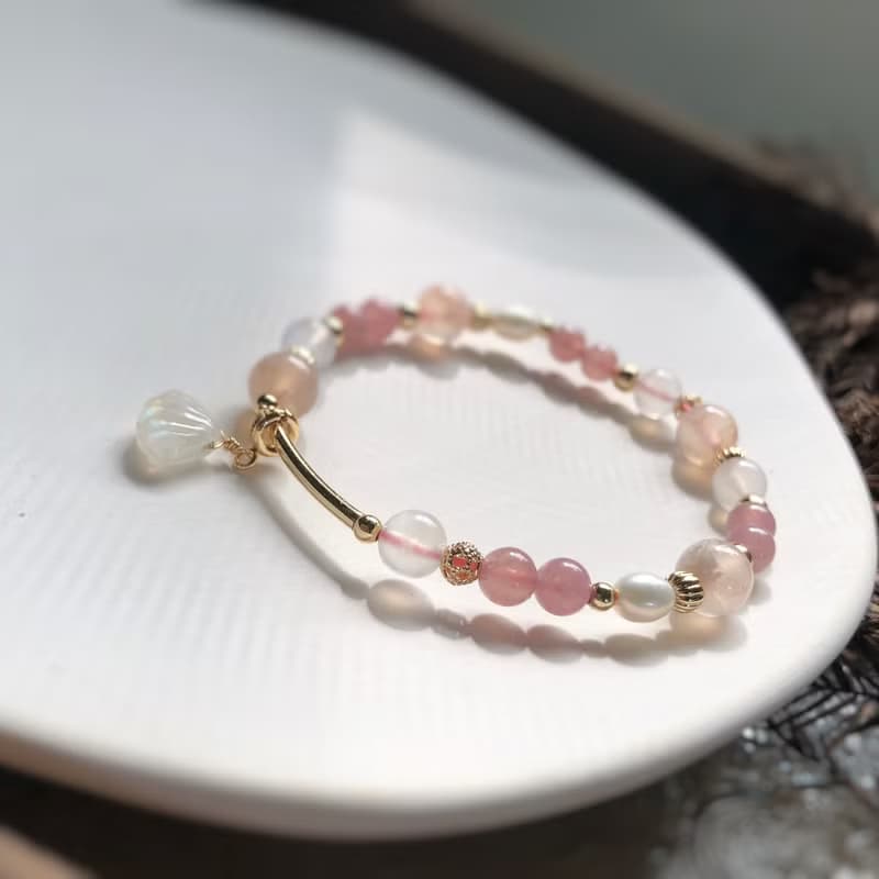 櫻花瑪瑙、馬粉、珍珠、月光石 天然石手鍊