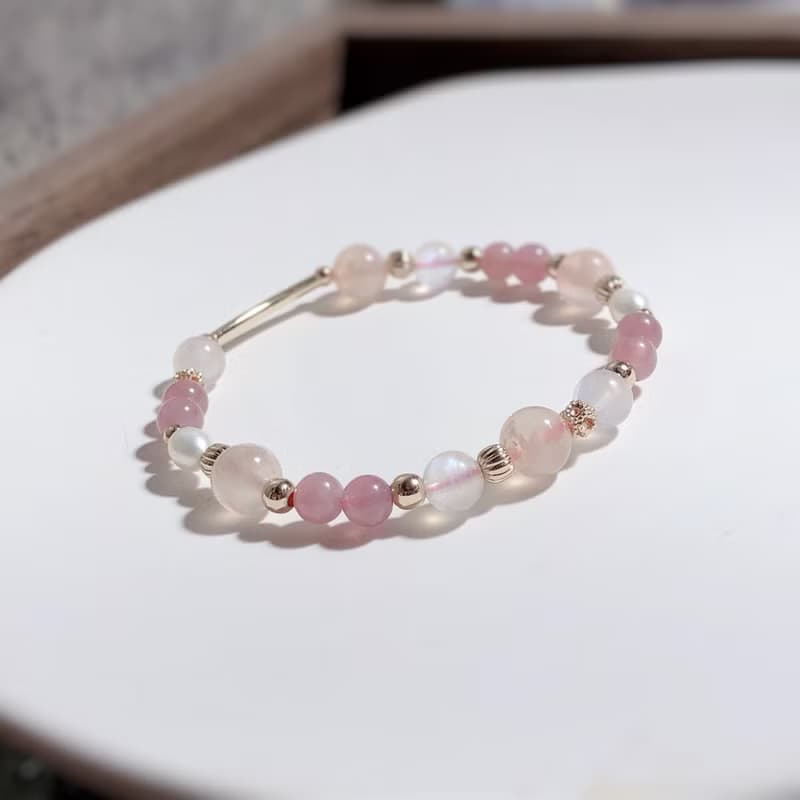 櫻花瑪瑙、馬粉、珍珠、月光石 天然石手鍊