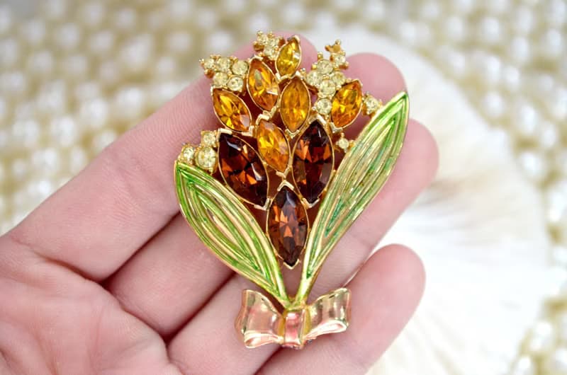 希臘神話女神風鍍金寶石花束胸針 貴婦淑女 日本高級古著珠寶首飾