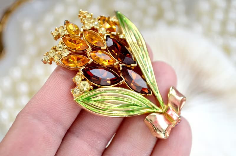 希臘神話女神風鍍金寶石花束胸針 貴婦淑女 日本高級古著珠寶首飾