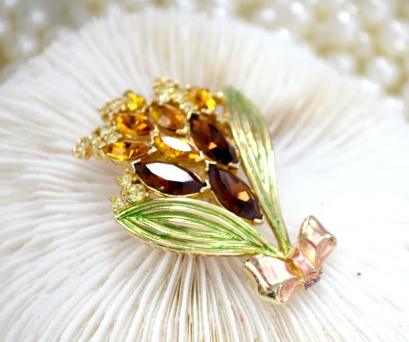 希臘神話女神風鍍金寶石花束胸針 貴婦淑女 日本高級古著珠寶首飾