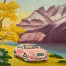 Passion Pink, original oil painting, oil on canvas, Bentley pink car, nature