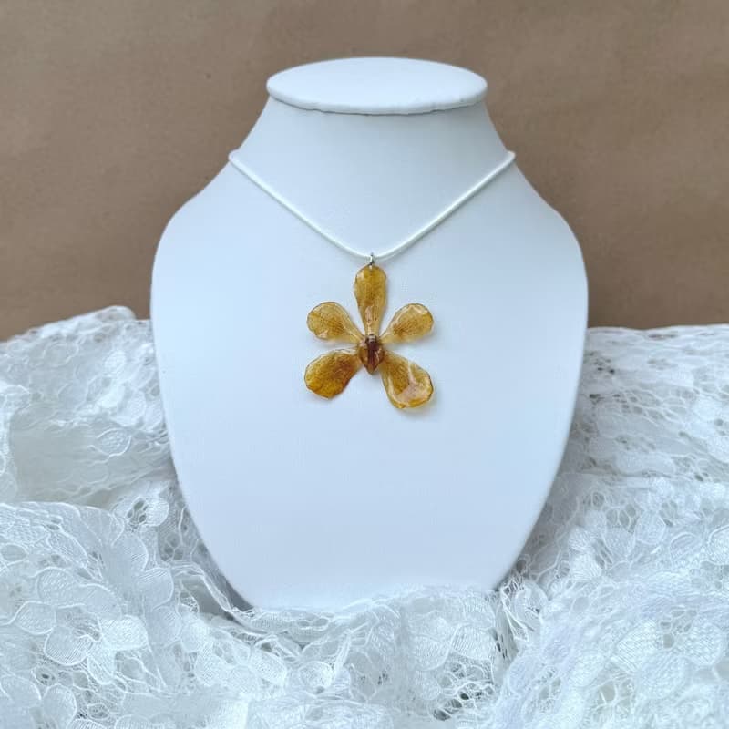 Yellow mokara orchid necklace with white wax string necklace