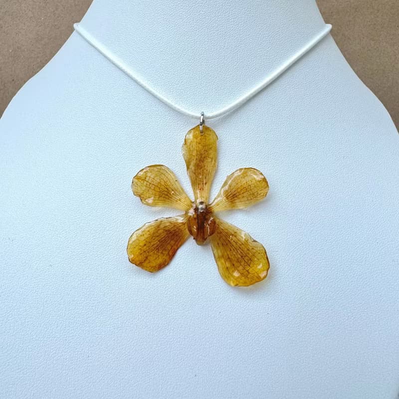 Yellow mokara orchid necklace with white wax string necklace