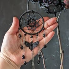 Small Gothic black dream catcher with moth skull and black sparkling crystals