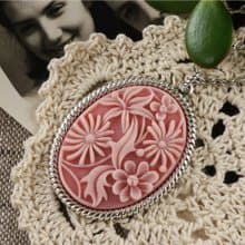 Pink Flower Floral Cameo Necklace Oval Silver Pendant Necklace Woman Jewelry