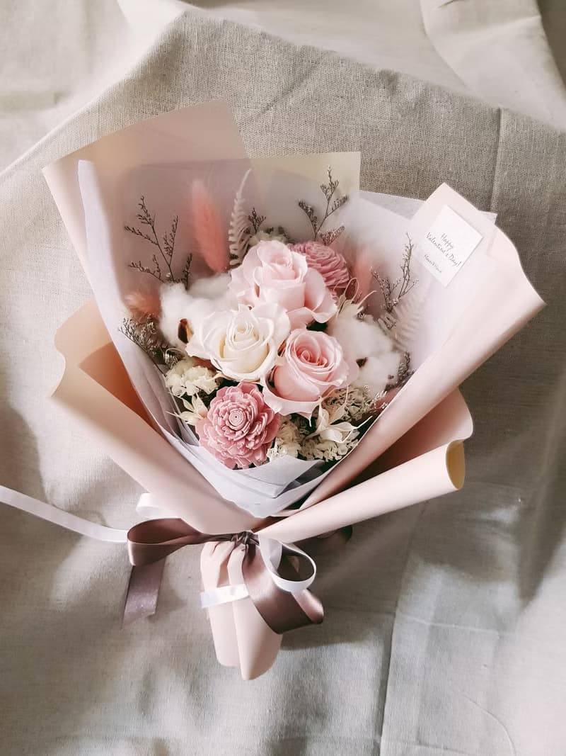情人節|永生花+乾燥花│粉白玫瑰永生花花束│乾燥花│